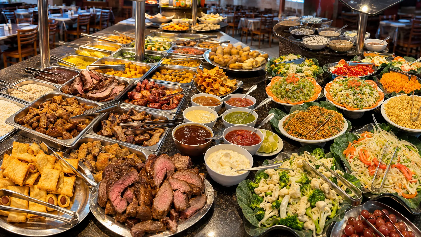 Mesa farta com diversos pratos do buffet italiano